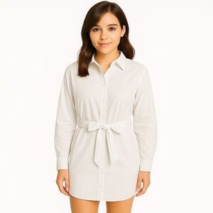 avec les filles white denim long sleeve button up dress mini cotton tie waist